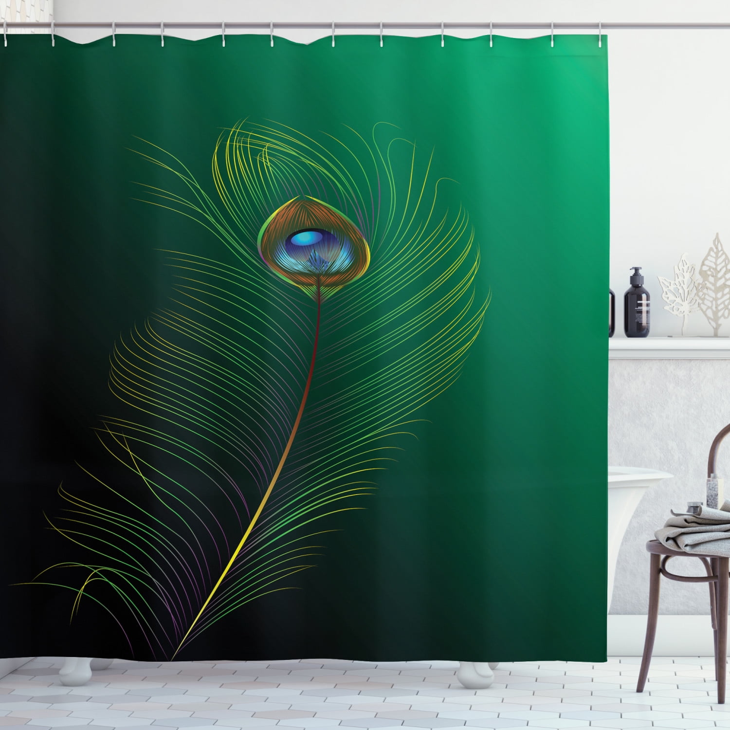 Peacock Decor Shower Curtain Set, Peacock Feather Illustration Simple