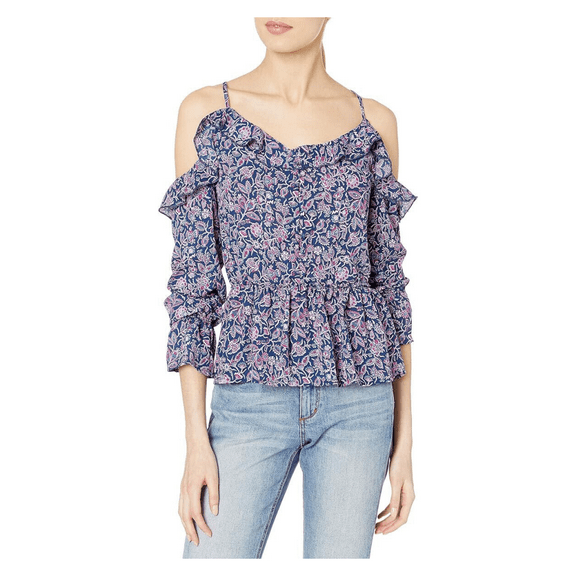 William Rast Womens Printed Cold Shoulder Peplum Top Blouse XXL/Patriot Blue