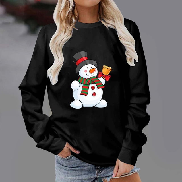 EGNMCR Chandails à Capuchon pour Femmes, Chandails pour Femmes, Chandail à Manches Longues Décontracté Uni de Noël à la Mode à Col Rond, Tunique Chandail Sans Capuche, Chemisier pour Femme