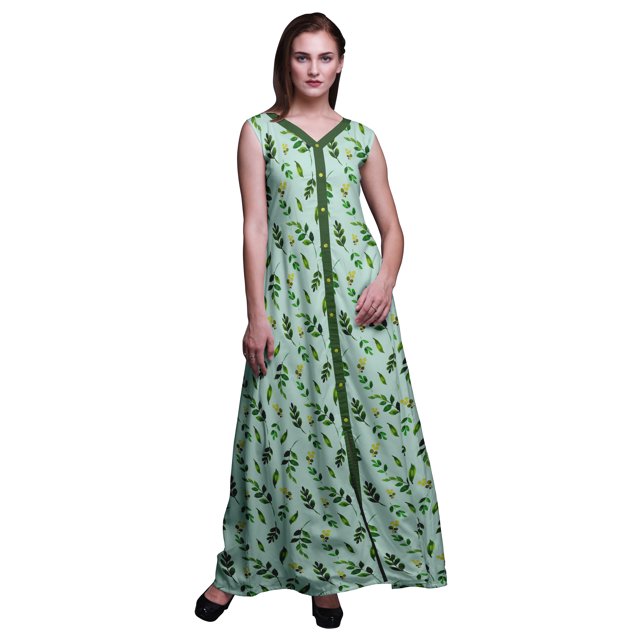 Bimba Feuilles Femme Col en V Sans Manches Fente avant Décontractée Maxi Imprimée Robe Bohème-Moyen