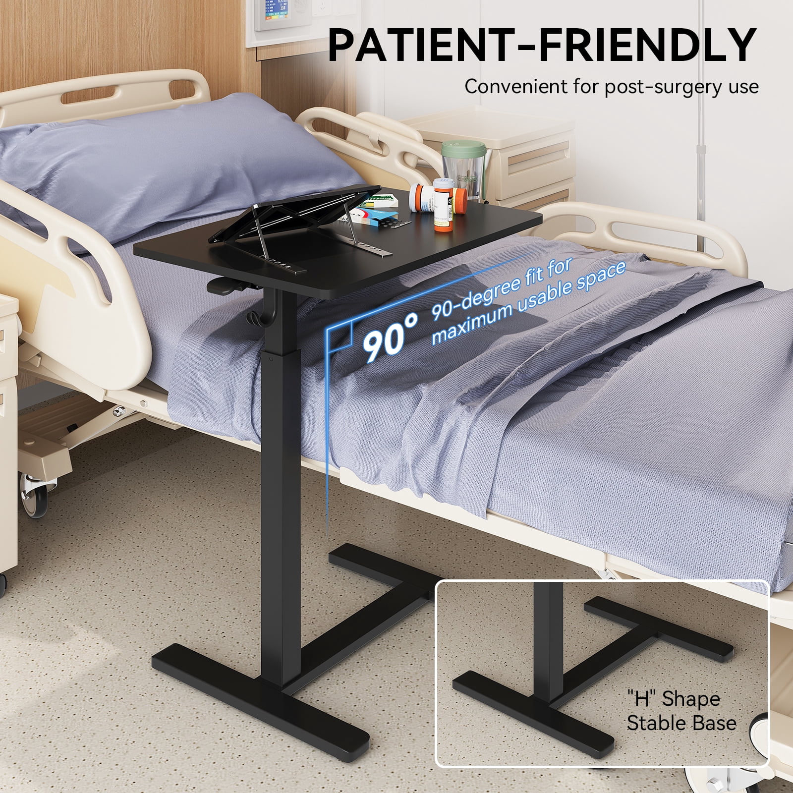 Gas Spring Height Adjustable Mobile Laptop Side Desk 26×19 Inch, Sit-Stand Rolling Table with Cup Holder & Headphone Hook for Bed Sofa Home Office