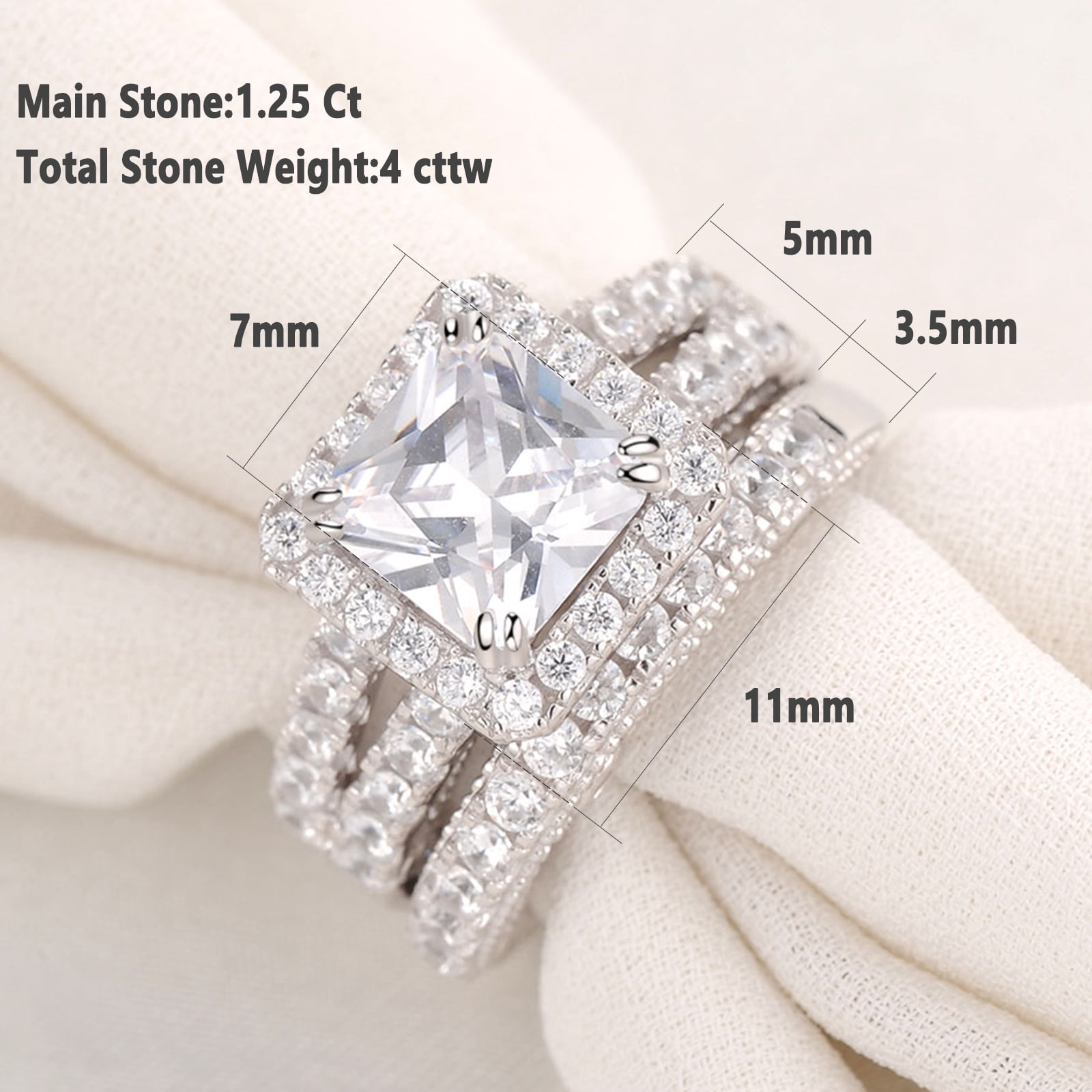 Wuziwen 4Ct Engagement Ring for Women Sterling Silver Cubic Zirconia  Wedding Band Bridal Set Size 7 