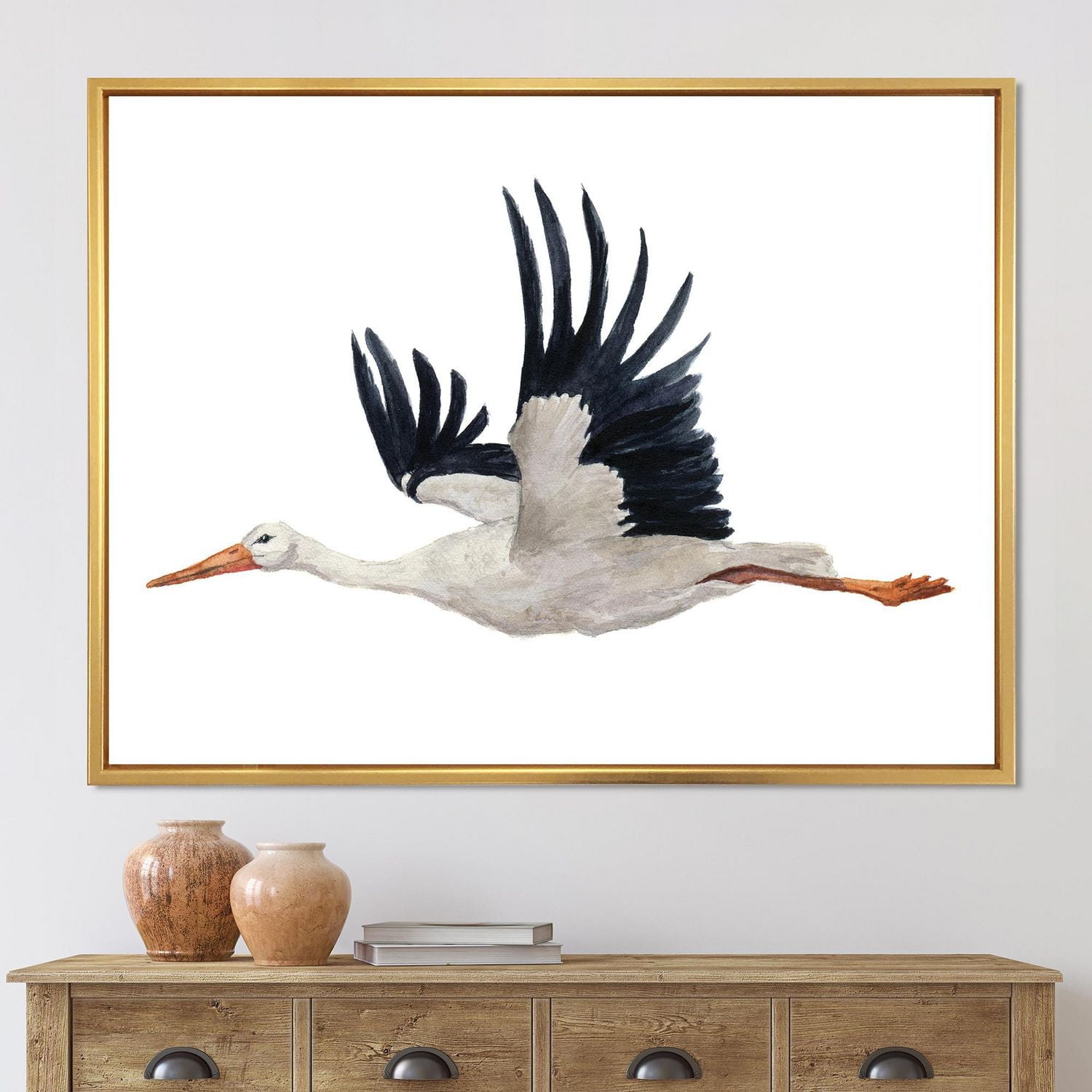 Designart Flying White Stork Ciconia oiseau ART MURAL À CADRE FLOTTÉ