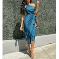 thumbnail image 5 of DOPI Women's  Summer Ruched Bodycon Dress Sleeveless One Shoulder Wrap Satin Belted Cocktail Midi Dress, 5 of 5