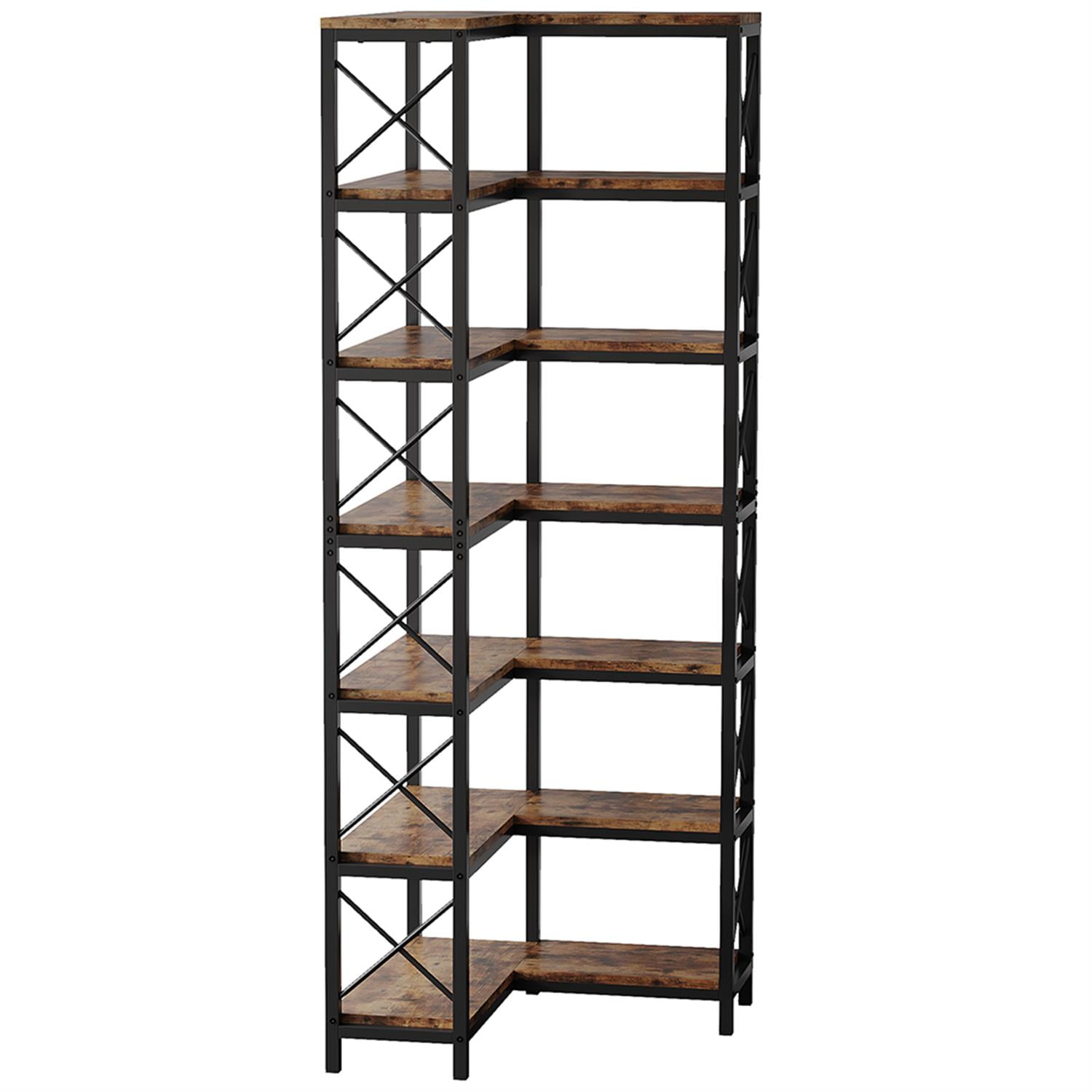 Demi Bonn 7 Tier Corner Bookshelf, Bookshelves, Open Etagere Bookcase Shelf Storage Organizer, Storage Shelving Unit for Bedroom, Living Room and Home Office, Brown