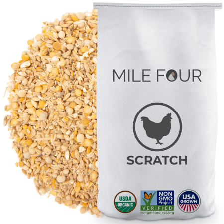 UPC: 0737488079821 | Mile Four | Chicken Scratch | 100% US Grown Grains  Organic  Non-GMO  Soy-Free  Non-Medicated  Whole Grain Chicken Treats for Hens & Roosters | Scratch for Chickens  Ducks & Waterfowl | 23 lbs.