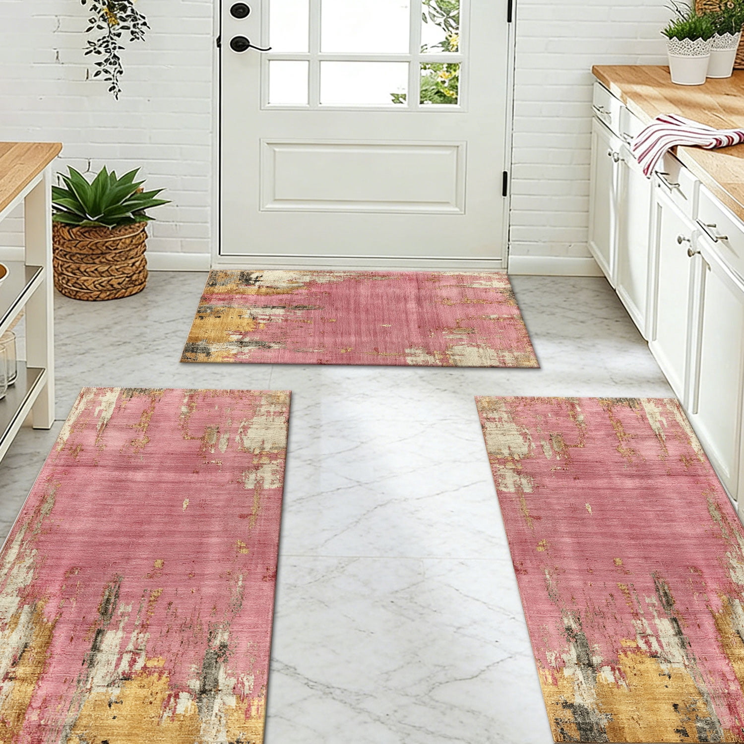 Three-Piece Kitchen Rug Set, Abstract Pattern Kitchen Hallway Rug, Soft And Comfortable, Suitable for Sinks, Floors, Entrances, Hallways, Bathrooms