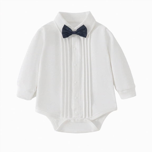 Enyan Baby Boys Gentleman Romper One-Piece Outfit Cotton Tuxedo Style with Snap Closure(White,18-24 Months)
