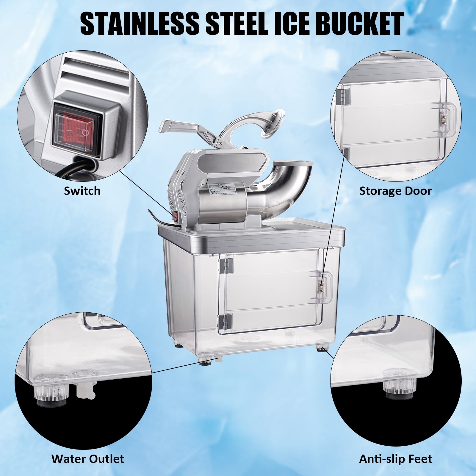Commercial Shaved Ice Machine, 661 LBS/H 350W Electric Ice Crusher w/4 Blades & Safety On/Off Switch, Stainless Steel Snow Cone Machine with 38L Ice Storage Box for Home Restaurant Bar