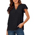 thumbnail image 1 of Blusa de manga corta jacquard con cuello en V y mangas con volantes Camisa ajustada informal para mujer Señora Negro XL, 1 of 6