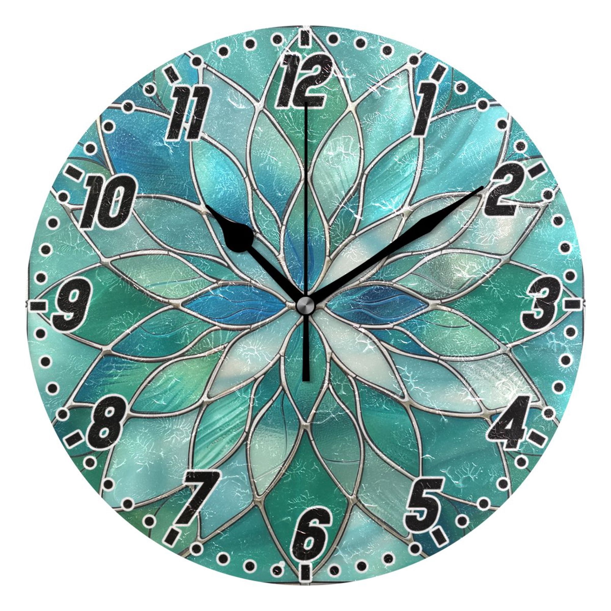 Floral Stained Glass Round Wall Clock Battery Operated Silent Non-Ticking Bedroom Office Kitchen Home School Decor 10(Black)