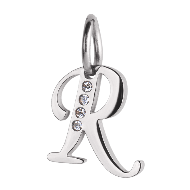 Charm para Pulsera LuckyLy, Dije Inicial Letra A, Acero Inoxidable y Zirconia Cúbica, Modelo Lizzy plateado Letra R
