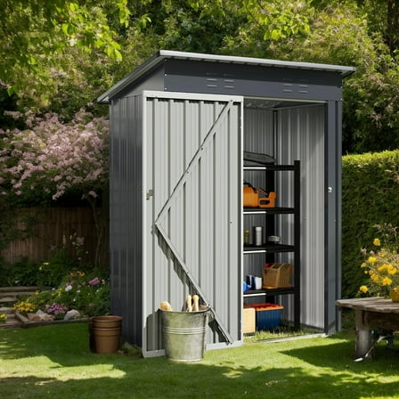 Demifill 5 x 3 Feet Outdoor Storage Shed with Sloped Roof and Lockable Door, Versatile Storage Shed for Garden, Yard, Gray
