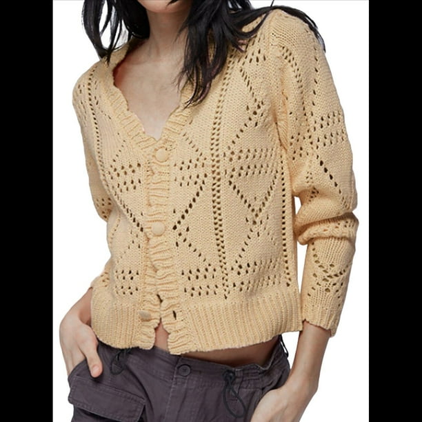 Suéter Corto de Larga con Cuello en V para Mujer (, Otoño e Invierno 2025) Chaqueta de Punto Informal Albaricoque L