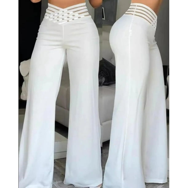 Women Wide Leg Flared Pants Autumn Casual Crisscross Sheer Mesh Patch High Waist Trousers Y2k Streetwear Elegant Work Pant