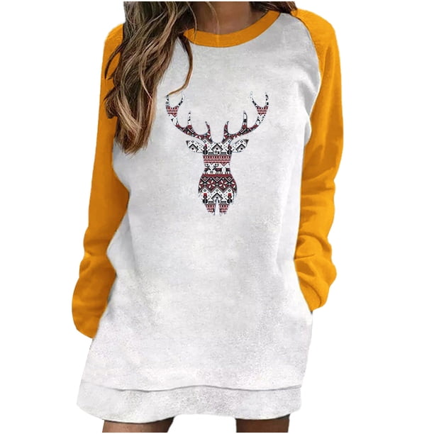 Vestido de Sudadera Para Mujer Vestido de Navidad Moda Casual Estampado Manga Larga Cuello Redondo Contraste Color Suéter Top Odeerbi ODB172725