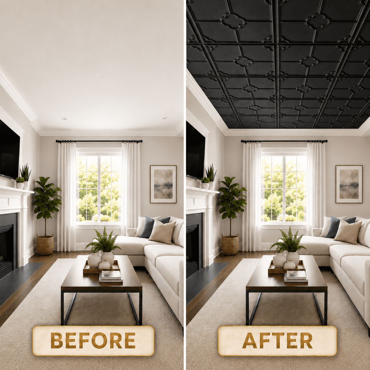Yeslife 12-Pack Decorative Ceiling Tiles, 2 x 2 ft Black Embossed Panels, Waterproof Lightweight Drop-in Glue-up for Living Room Kitchen Bathroom, 48 sq ft