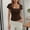 Brown, variant on Women Y2k Lace Trim Scoop Neck Short Sleeve Henley Baby Tee Shirts Button Front Preppy Fitted Crop Tops Brown S