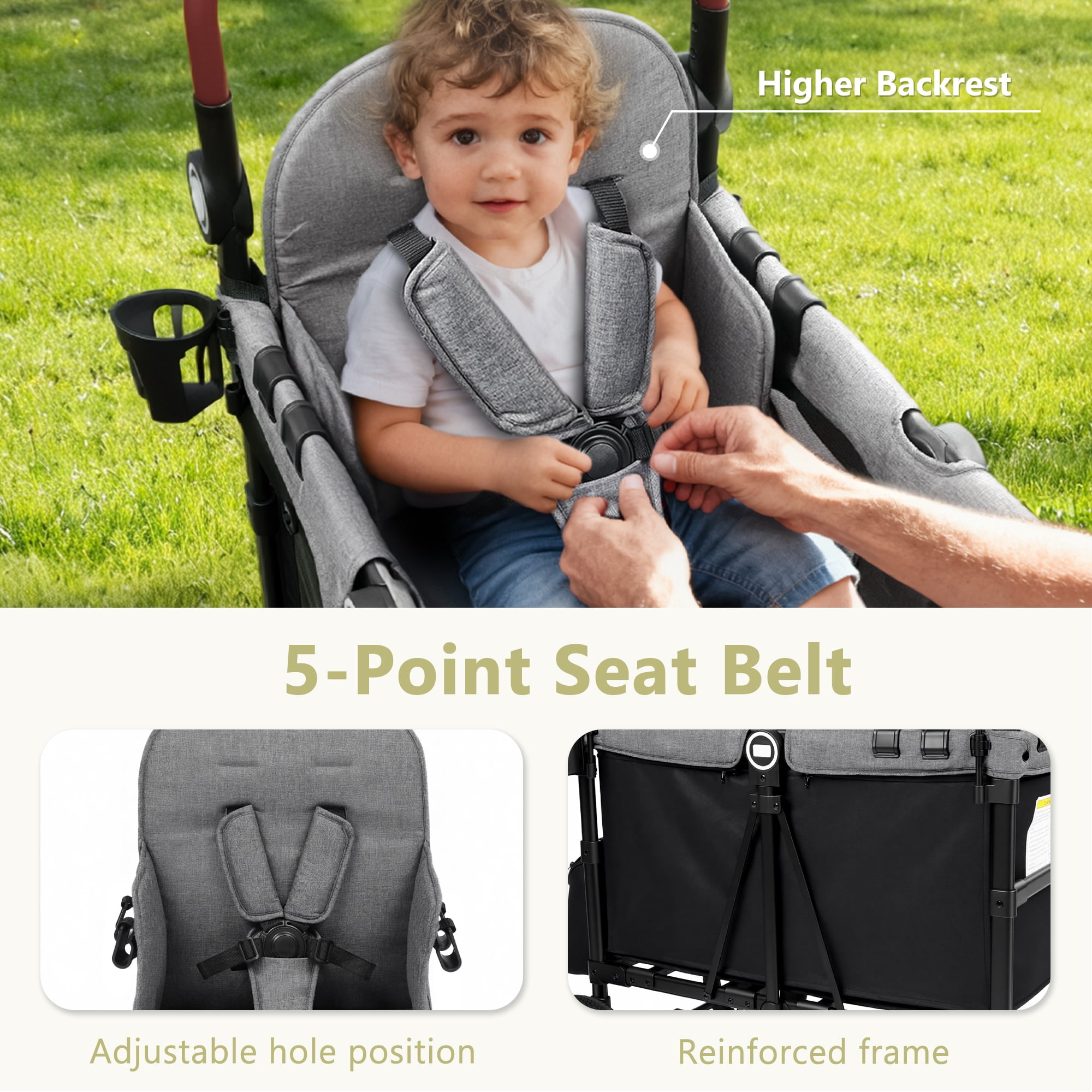 LINLUX 2 Kids Wagon Stroller, Foldable Outdoor 2-Seat Stroller Wagon, Removable Canopy, 55 Pound, Black Gray
