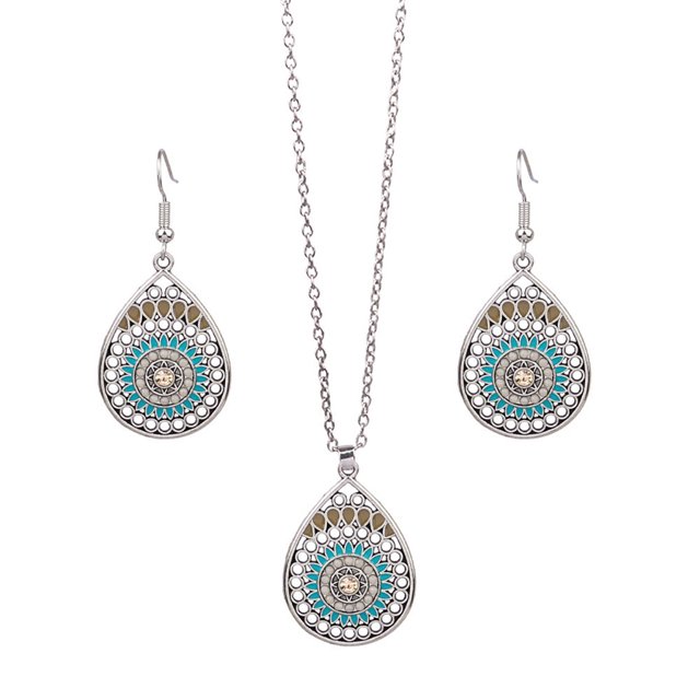 LYMAYTER Collier Rétro Boucles d'Oreilles 2 Pcs/ensemble Collier & Boucles d'Oreilles Style Ethnique - Faux Turquoise, Incrusté de Strass, Pendentif Collier & Crochet Boucles d'Oreilles