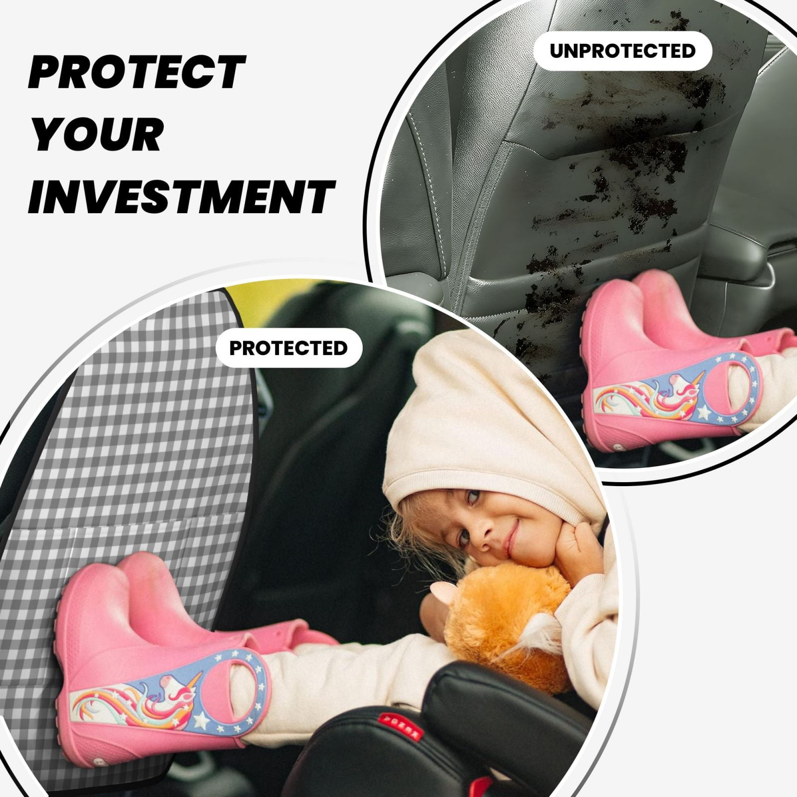 Xecao Gray Checkboard Pattern Car Seat Back Protector 2 Pack Large Capacity Pocket, Kick Mats Back Seat Protector