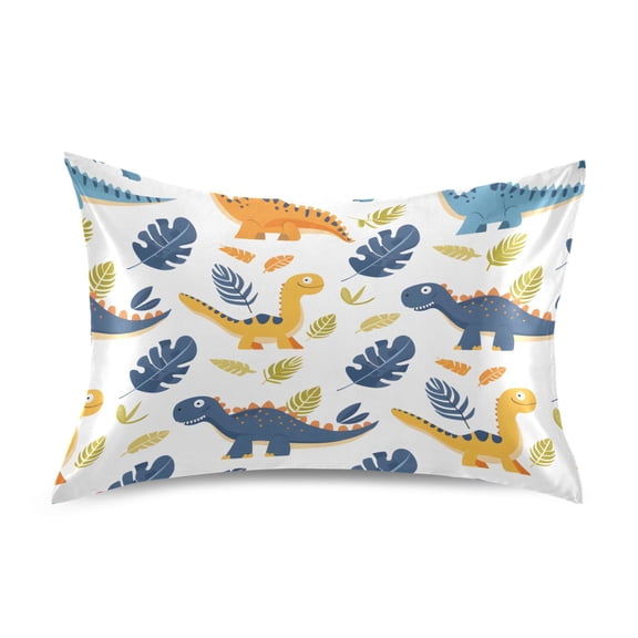 Satin Pillow Case Standard Silk Pillow Cover for Hair and Skin Envelope Closure Cartoon Dinosaur and Leaf 20"x26"