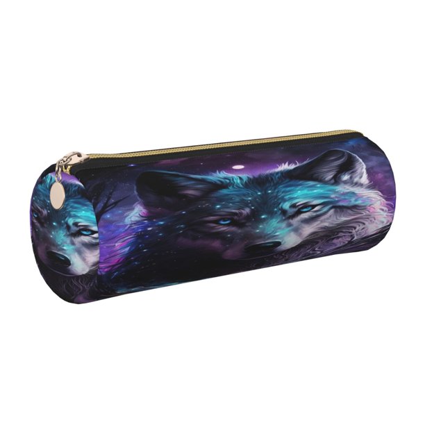 Disketp Purple Sky Wolf Estuche Organizador de Lápices de Cuero, Estuche de Oficina con Cremallera para Bolígrafo y Lápiz