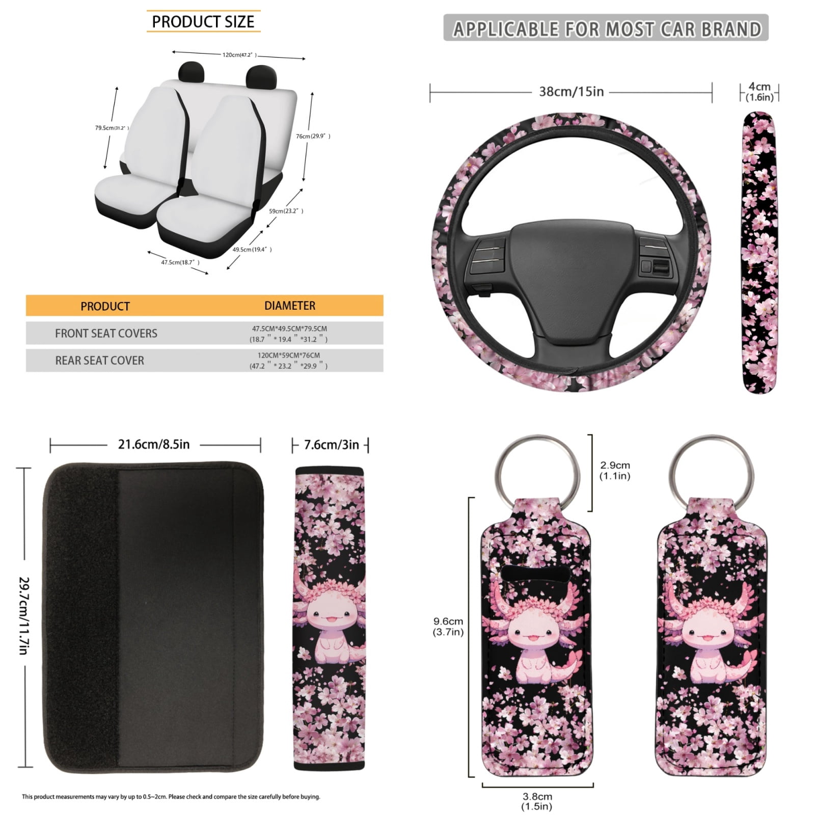 Jeiento Axolotl 13 Pcs Interior Automotive Accessory Set with Car Seat Covers Steering Wheel Cover Car Seatbelt Cover Pink Cherry Blossom Trash Can Car Rear View Mirror Cover Coasters Keychains