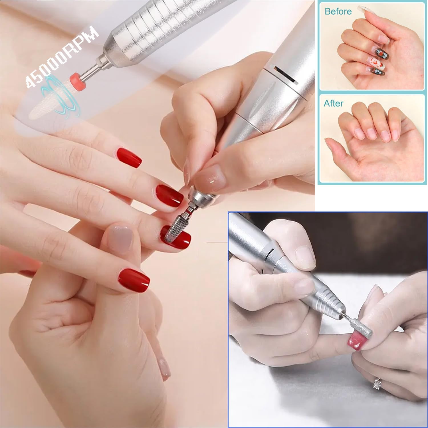 EOTVIA Portable Electric Nail Drill Manicure Pedicure Polishing Shape Tools for Nail Care Beauty Home Salon Use - 45000RPM, Pink