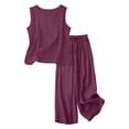 thumbnail image 4 of VISALY 2 Piece Linen Outfit Plus Size Sleeveless Crew Neck Tank Top Cami Tunic Shirts Drawstring Waist Wide Leg Linen Pants with Pockets Lounge Resort Casual Beach Vacation Clothes Brick Red S, 4 of 9