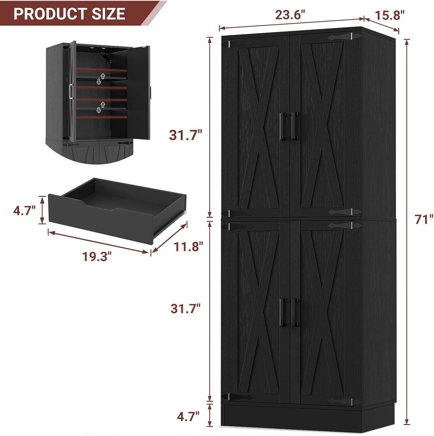 iSunirm 71" Tall Kitchen Pantry Storage Cabinet with Drawer, 4 Doors and 4 Adjustable Shelves, Freestanding Wood Farmhouse Pantry Cabinet for Kitchen, Dining Room, Pantry