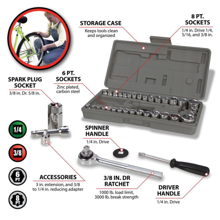 Performance Tool W1173 SAE/Metric 40-Piece Socket Set, 1/4 & 3/8