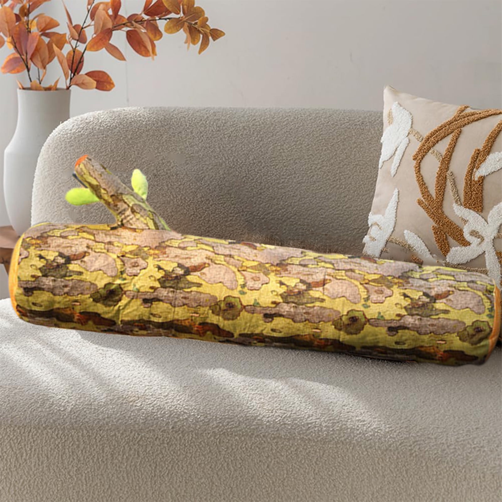 Lifelike Tree Stump Bolster Pillow – Realistic Wood Grain Faux Log Body Pillow for Couch and Bedroom Decor, Soft Support, Removable Washable Cover Brown