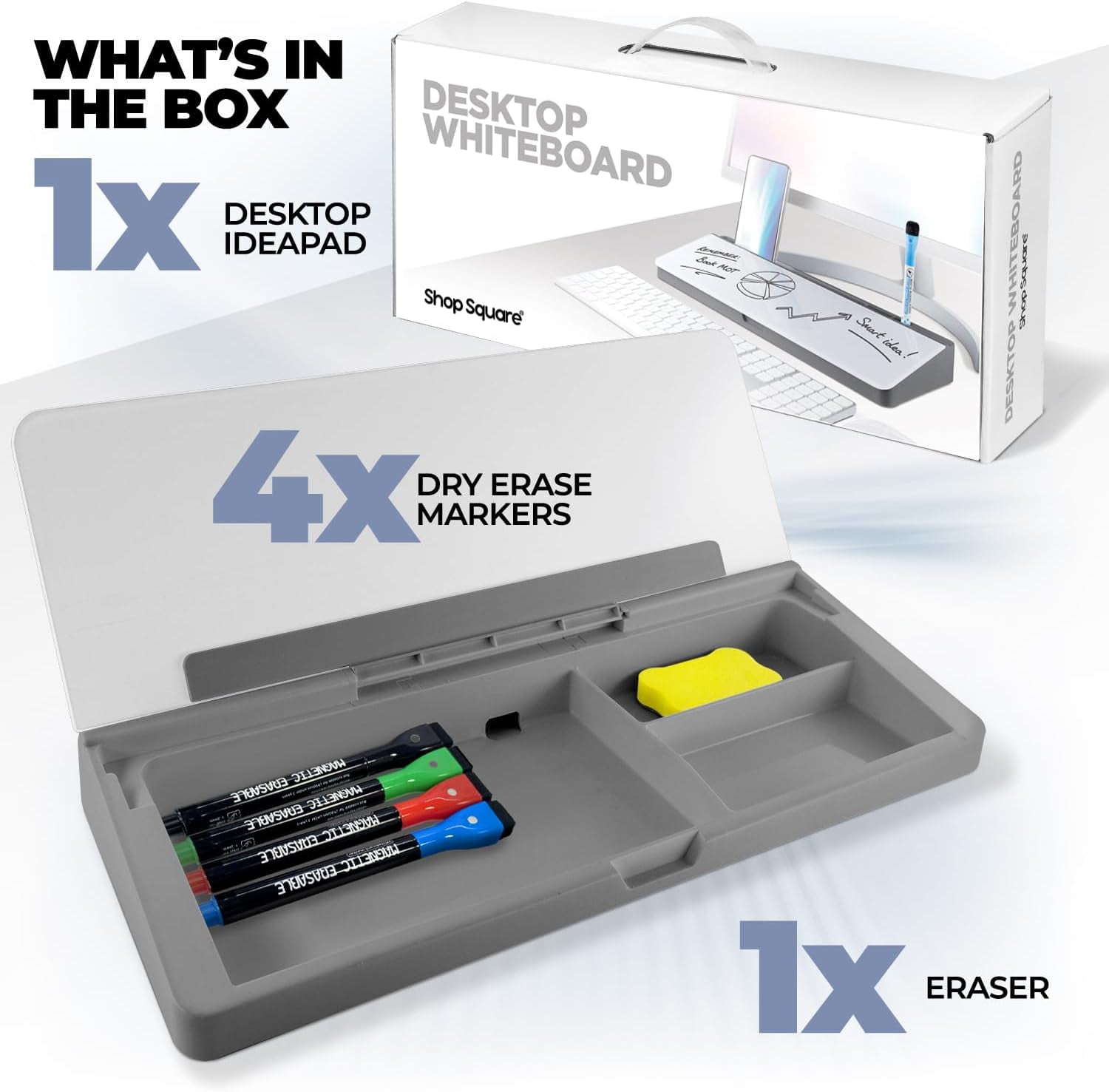 Desktop Whiteboard with Storage Compartment and Phone & Tablet Slot, Grey - Includes 4 Markers, 1 Eraser