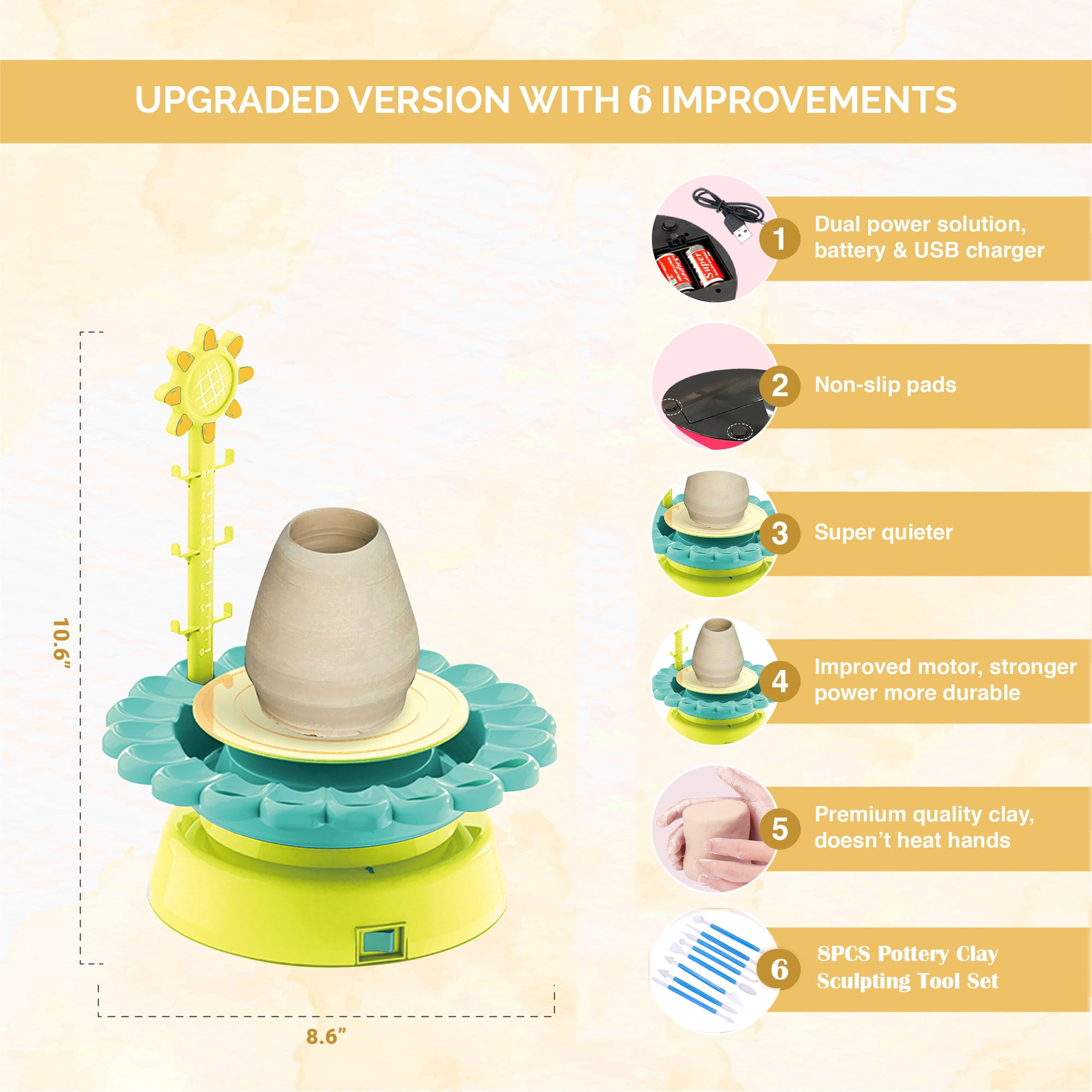 Buddy N Buddies- Upgraded Pottery Studio USB Charger, Clay Pottery Wheel Craft Kit for Kids Age 8 and Up