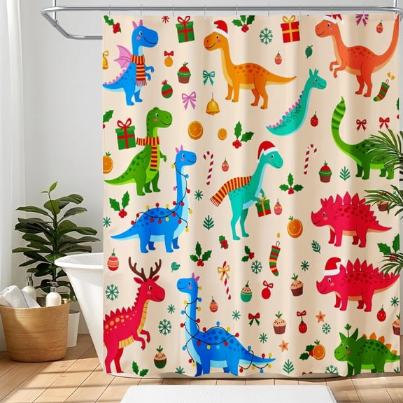 Amarainy Dinosaur Shower Curtain 72x72 Inch, Colorful Kids Bathroom Decor, Cute Dinosaur Pattern Polyester Fabric Shower Curtain with Hooks, Waterproof Bath Curtain