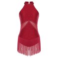 thumbnail image 3 of iiniim Women Rhinestone Fringe Leotard Figure Skating Performance Costume Halter Backless Bodysuit Burgundy L, 3 of 7