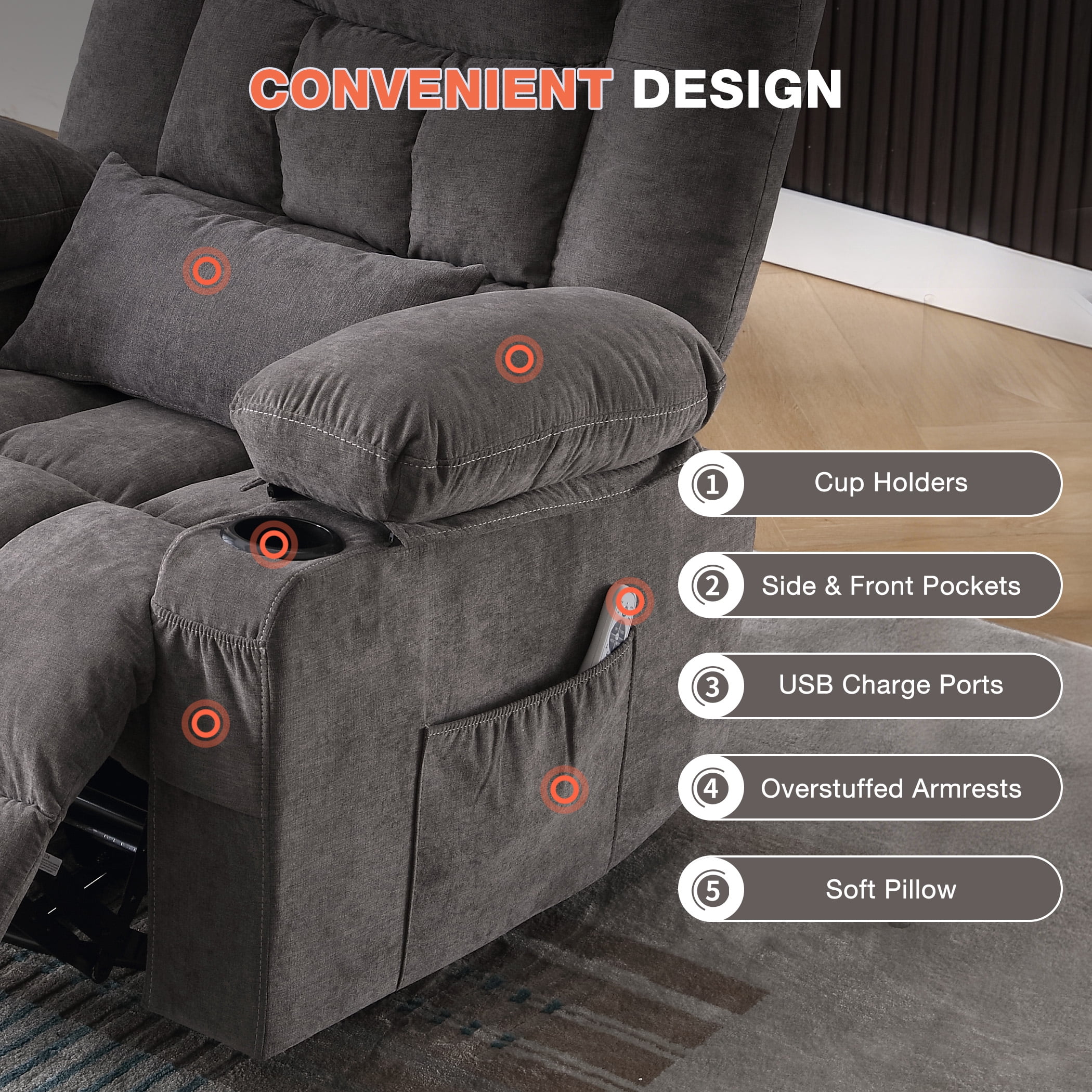 Oversized Massage Recliner Chair for Elderly,Modern Living Room Electric Rocking & Reclining Chairs with with Heat, 8-Point Vibration,USB Charger and Cup Holders, Plush Velvet Single Sofa, Grey