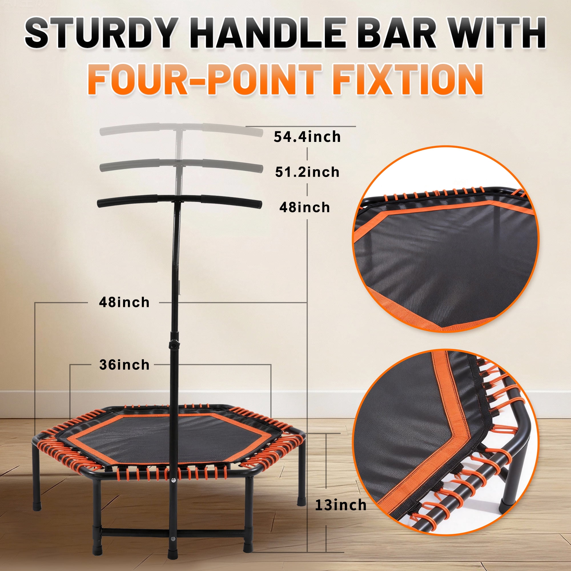 48 Inch Mini Fitness Rebounder with 3-Level Adjustable Handlebar, Quiet Bungee Trampoline, 330LBS Capacity for Indoor Outdoor Cardio & Strength Training