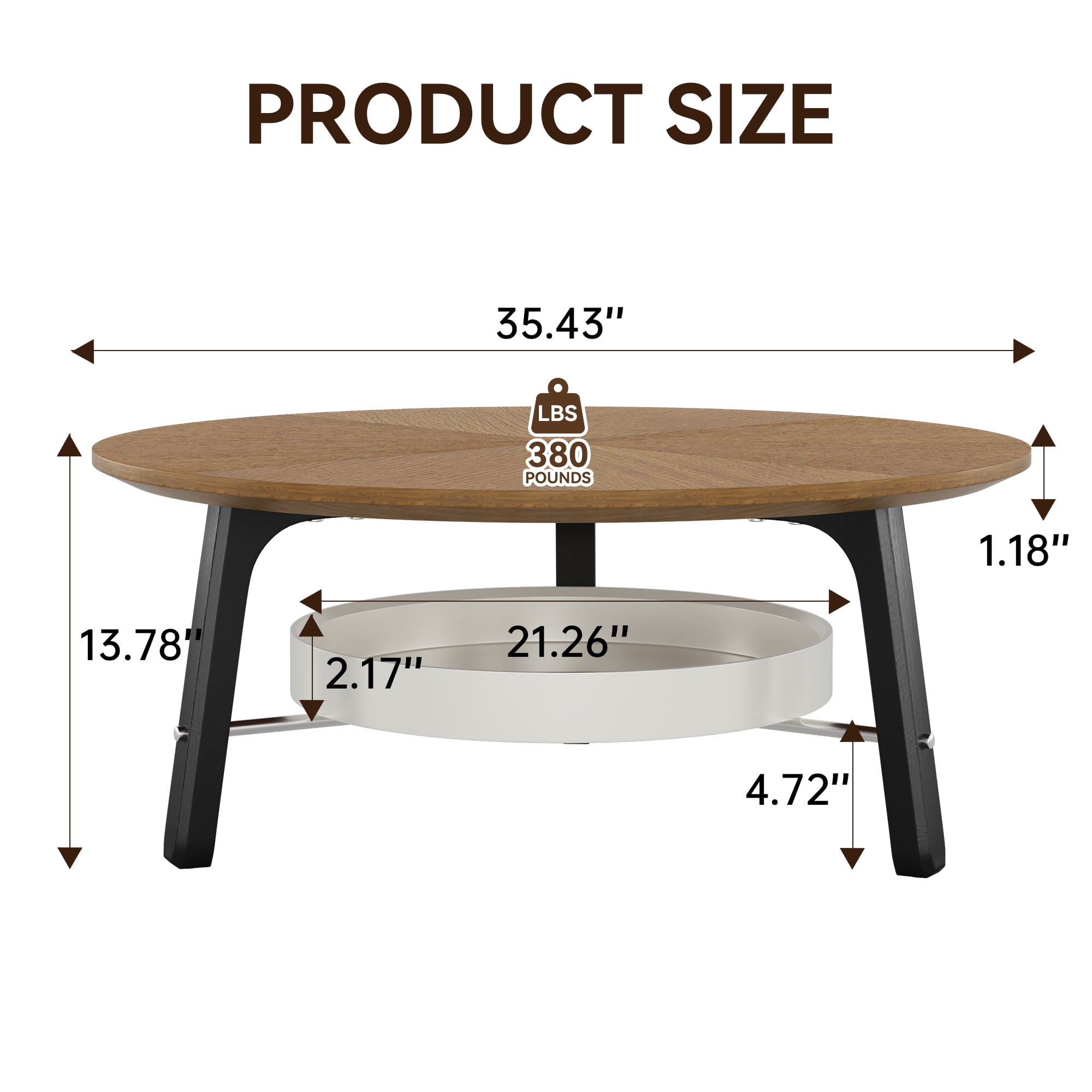 35.43" Round Coffee Table with Storage Shelf, Walnut Wood Grain Finish with Black Wood Legs, Modern Minimalist Center Table for Living Room, Farmhouse Accent Furniture for Small Spaces, Easy Assembly