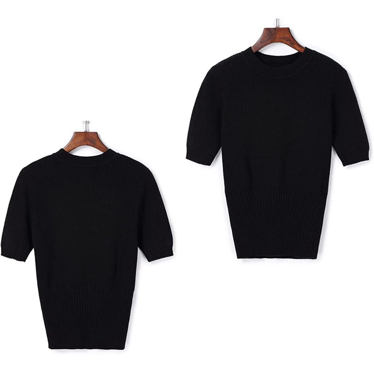 Womens Short Sleeve Sweaters, Tops Crewneck Ribbed Pullover Shirt, Soft  Slim Fit Knit Sweater Blouse, Black, M 