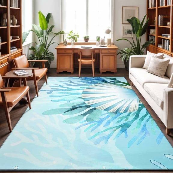 Area Rugs 3'x5', Teal Blue Coastal Carpet Runner Indoor Outdoor Rugs Home Decor Aesthetic, Summer Ocean Sea Shells Corals Non Slip Mats Washable Accent Rug for Living Room Bedroom