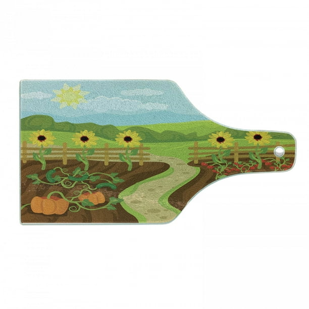 Country Cutting Board, Cartoon Style Concept of Plants and Vegetables  Planted Farming Field Organic Life, Decorative Tempered Glass Cutting and  Serving Board, in 3 Sizes, by Ambesonne 