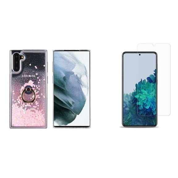 Bemz Waterfall Case for Samsung Galaxy S21, 6.2-inch (Liquid Glitter Ring Holder Stand Cover) Bundled with (2-Pack) Tempered Glass Screen Protectors and Touch Tool - Pink Green