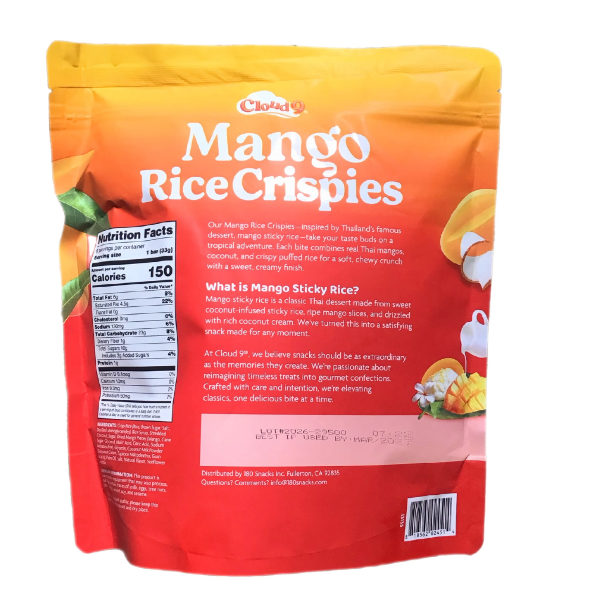 CLOUD 9 MANGO RICE CRISPIES WITH CREAMY COCONUT SHAVINGS MULTI PACK 8 INDIVIDUAL SERVINGS 9.2 OZ