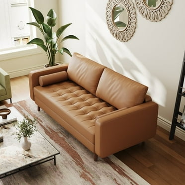 Stateside Upholstered Leather Square Arm Sofa Couch 70'' Brown
