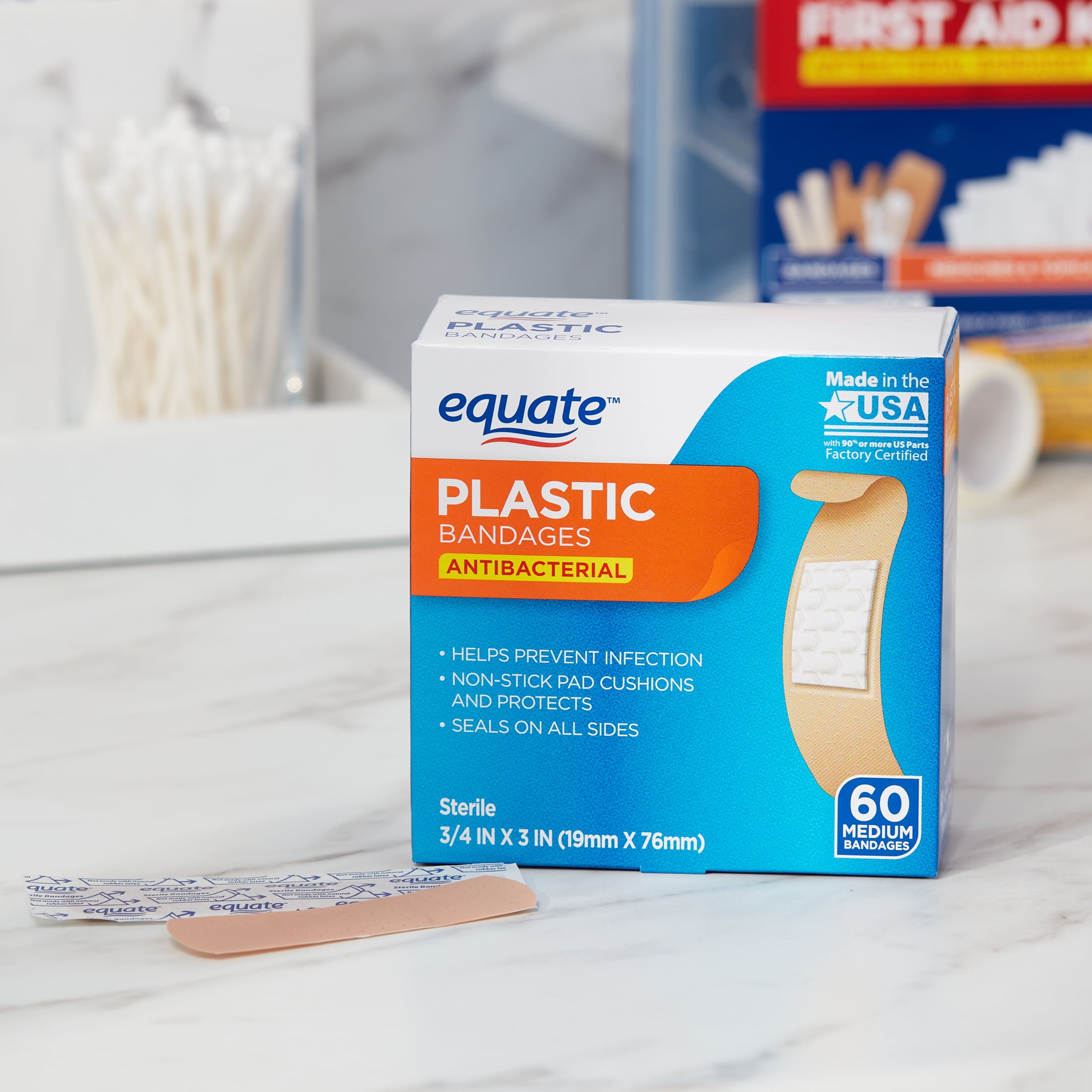 (3 pack) Equate Antibacterial Medium Plastic Bandages, 60 count