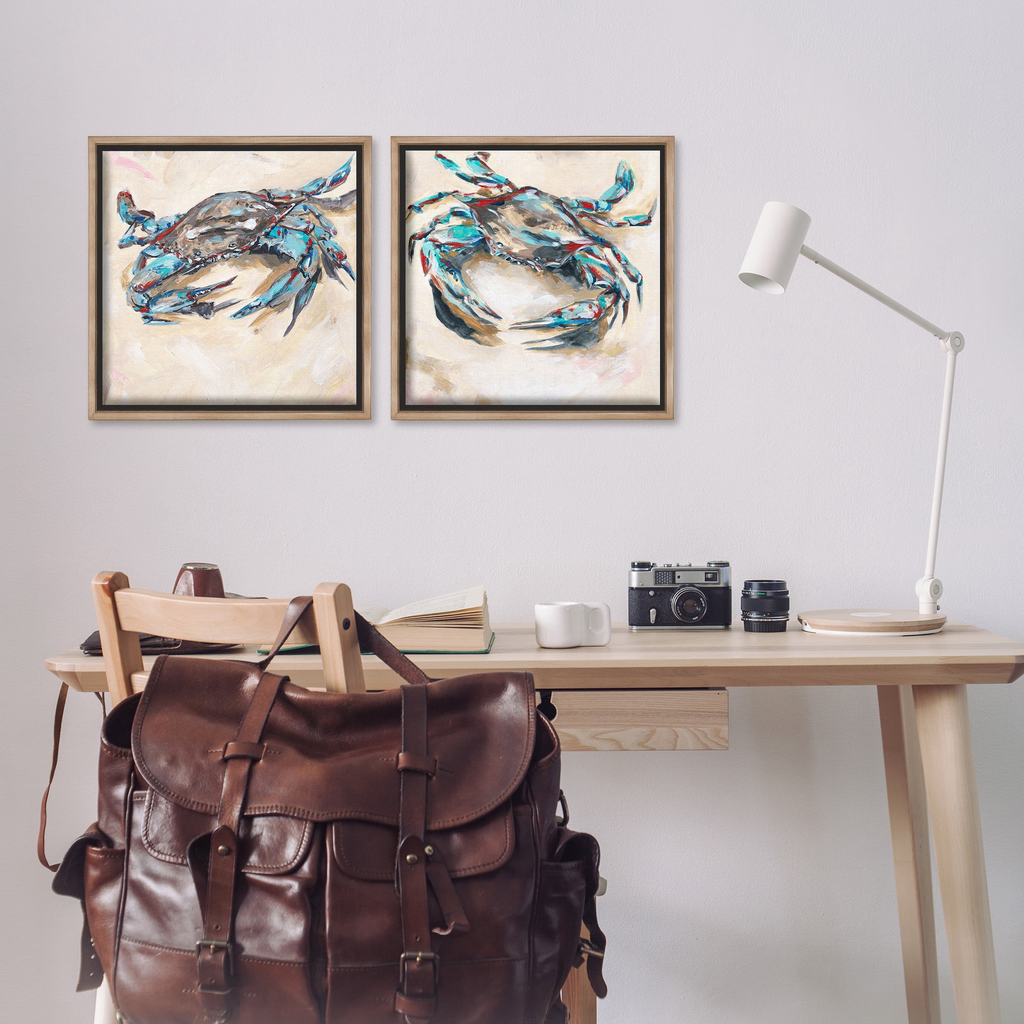 Stupell Industries Blue Crabs on Sand Animals & Insects Painting Brown Floater Framed Canvas Art Print Wall Art, 18 x 18, Set of 2