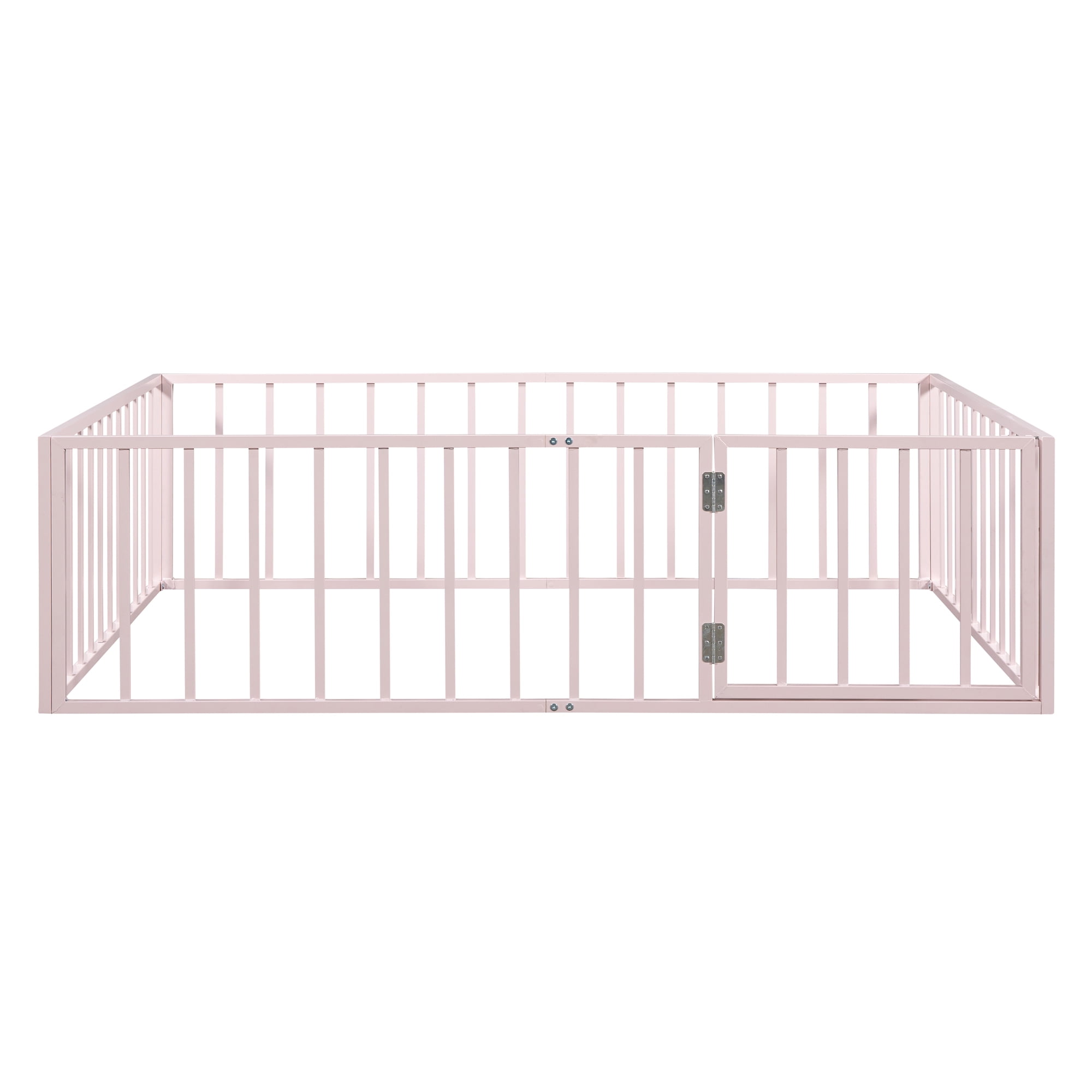Harper & Bright Designs Full Floor Bed Frame for Kids, Metal Montessori Floor Bed with Rails and Door, Floor Full Size Bed Frame with Fence-Shaped Guardrails, Pink
