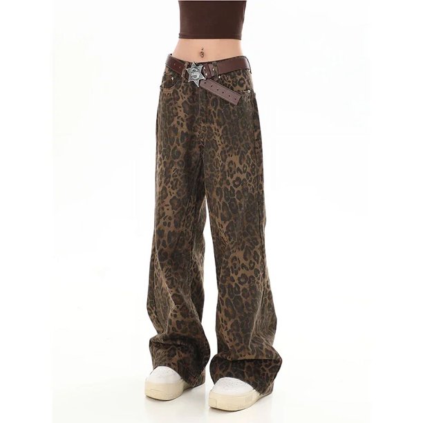 Pantalones vaqueros casuales de pierna ancha para mujer, con estampado de leopardo retro americano, estilo Y2K, holgados, de cintura alta y rectos, estilo hip-hop, 2024
